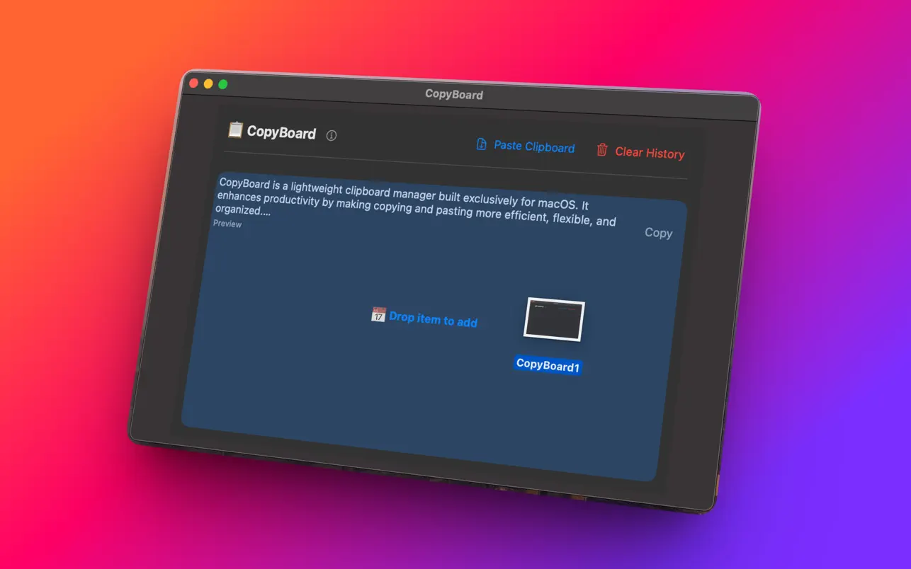 Copyboard - Clipboard Manager screenshot showing the app interface and features