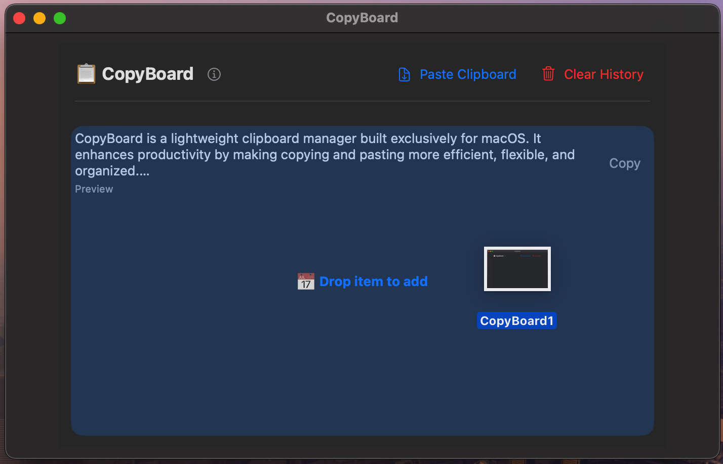 CopyBoard screenshot showing the app interface and features